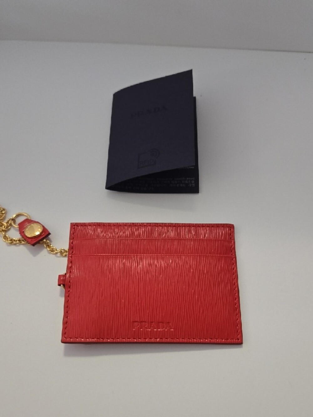 Prada Red Saffiano Leather ID Window Holder with Gold Chain - Picture 2 of 2